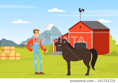 Happy Man Farmer in Dungaree Standing with Horse in the Yard Vector Illustration Happy Man Farmer in Dungaree Standing with Horse in the Yard Vector Illustration 101752728