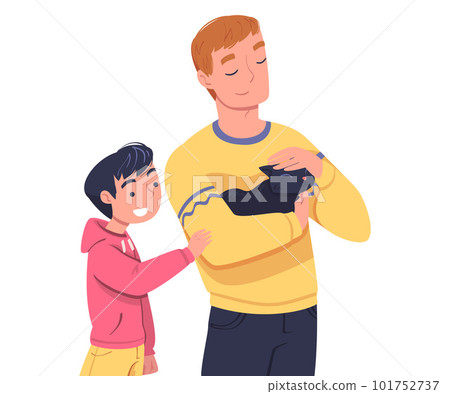 Happy Smiling Man with Son Standing Together and Stroking Cat Pet Vector Illustration Happy Smiling Man with Son Standing Together and Stroking Cat Pet Vector Illustration 101752737