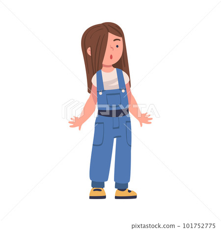 Surprised Girl Character in Jumpsuit Standing Looking Ahead Vector Illustration Surprised Girl Character in Jumpsuit Standing Looking Ahead Vector Illustration 101752775
