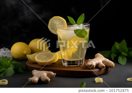 Glass of kombucha with lemons, ginger and mint on black background. Generative AI. 101752875