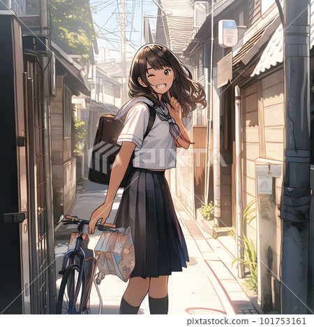 A back alley in a local town, a smiling high school girl "AI-generated image" A back alley in a local town, a smiling high school girl "AI-generated image" 101753161