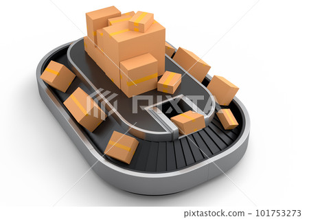 Airport conveyor belt or baggage claim area with cardboard boxes or cartons 101753273