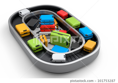 Airport luggage conveyor belt or baggage claim area with suitcases on white. 101753287