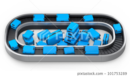 Airport luggage conveyor belt or baggage claim area with suitcases on white. 101753289