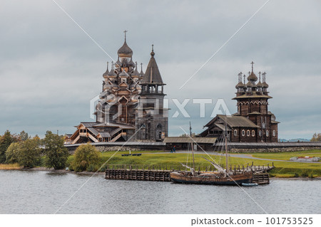 Russia. Kizhi Island on Lake Onega. Wooden domes of the architectural ensemble Kizhi Pogost Russia. Kizhi Island on Lake Onega. Wooden domes of the architectural ensemble Kizhi Pogost 101753525
