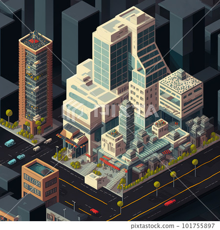 Cartoon isometric city block with skyscraper in downtown office district, road and cars on dark background, Generative AI 101755897