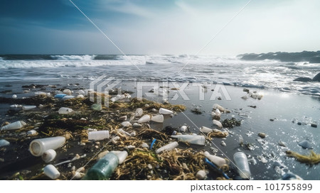 Plastic waste on sand beach, sea or ocean shore. Global pollution concept. Generative AI 101755899