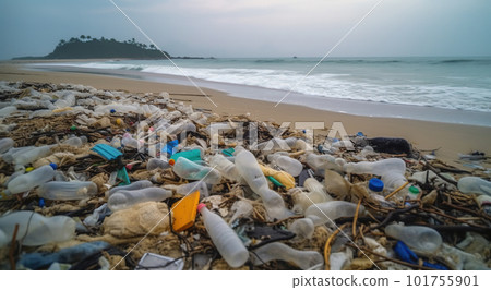 Plastic waste on sand beach, sea or ocean shore. Global pollution concept. Generative AI Plastic waste on sand beach, sea or ocean shore. Global pollution concept. Generative AI 101755901