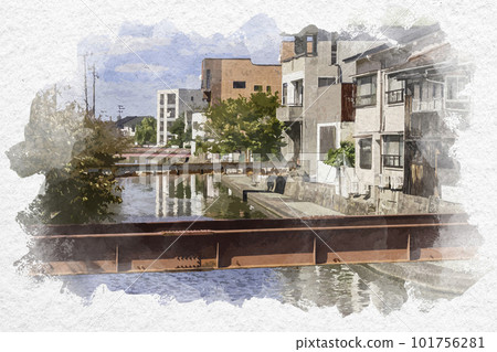 鳥取縣米子市舊加茂川沿岸的水彩風格米子下町 鳥取縣米子市舊加茂川沿岸的水彩風格米子下町 101756281