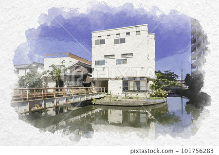 Watercolor style Yonago Shitamachi along the old Kamo River Yonago City, Tottori Prefecture 101756283