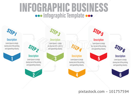 Infographic template. 6 Step timeline journey, Flat simple infographics design template. presentation graph. Business concept with numbers Six 6 options or steps vector illustration. 101757594