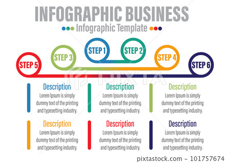 Six 6 Steps, six 6 optionTimeline Infographics template. Isolated design elements. Colorful vector illustration. 101757674