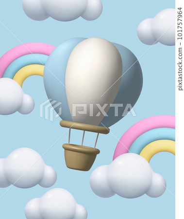 Flying 3d Hot Air Balloon clouds and rainbow cute 3d realistic clay aerostat vector illustration 101757964