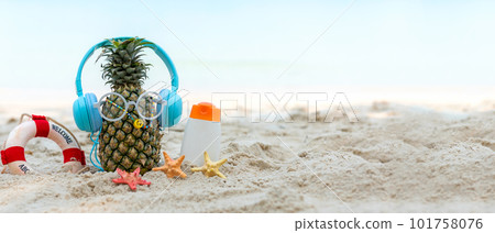 Summer in the party.  Hipster Pineapple Fashion in sunglass and listen music  101758076
