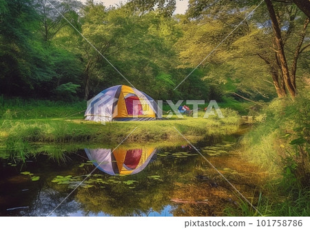 Tent site illuminated by the morning sun at the campsite 101758786