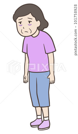 Stooped woman with dark circles under her eyes, lethargic woman whole body 101758928