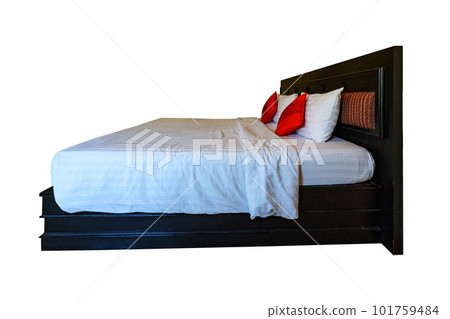 Wooden bed with bedding isolated on white backgrounds 101759484