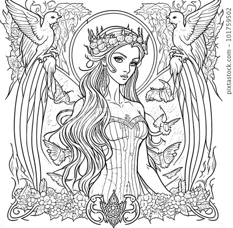 coloring book The image of a princess with a beautiful. Hand drawn princess zentangle and mandala style 101759502