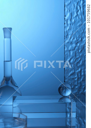 Erlenmeyer flask and petri dish containing transparent liquid, ball and empty podium decorated on blue background. Stage showcase cosmetics on glass pedestal modern in laboratory equipment. 101759682