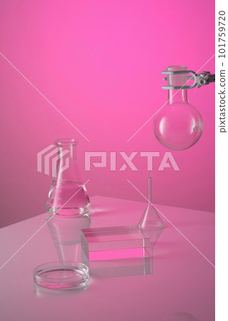 Front view of lab glassware containing transparent liquid on pink background. In the middle is a transparent podium for display product. Science and medical background Front view of lab glassware containing transparent liquid on pink background. In the middle is a transparent podium for display product. Science and medical background 101759720