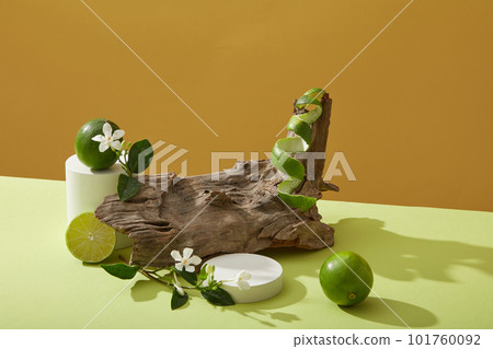 Lime citrus, flower and leaves, spiral lime peel, dry twig and empty podium on yellow background. Minimal empty display product presentation scene. Natural cosmetics with vitamin C Lime citrus, flower and leaves, spiral lime peel, dry twig and empty podium on yellow background. Minimal empty display product presentation scene. Natural cosmetics with vitamin C 101760092