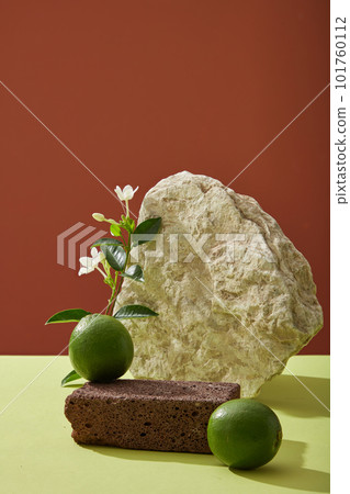 Blank background with dark stone podium, rock, fresh limes, tree branch with green leaves and white flower on color background. Space for cosmetic product presentation. Natural extract with vitamin C 101760112
