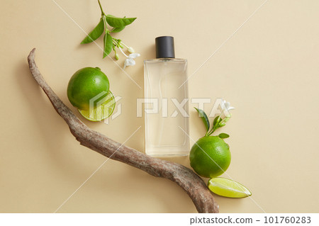 A tree branch with transparent mist spray filled with liquid inside, displayed with Lime slices and flowers. Empty space for natural beauty product of Lime (Citrus aurantiifolia) extract advertising 101760283