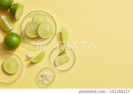 Some glass petri dishes containing white flowers and Lime slices on a light background. Empty space on the right side to show beauty product of Lime (Citrus aurantiifolia) extract 101760317