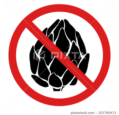 Vector prohibited sign with black silhouette of artichoke isolated from background. Allergy danger. Dont pick up vegetable. Vector prohibited sign with black silhouette of artichoke isolated from background. Allergy danger. Dont pick up vegetable. 101760413