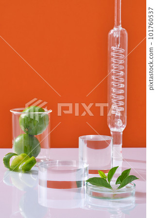 Scene for advertising cosmetic of lime extract with laboratory concept. Transparent podium, fresh limes in beaker and leaves in petri dish decorated on orange neon background. 101760537