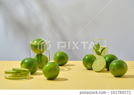Front view of fresh limes and lab glassware decorated on white background with shadow leaves. Advertisement scene for cosmetics containing lime extract rich in vitamin c and minerals 101760571