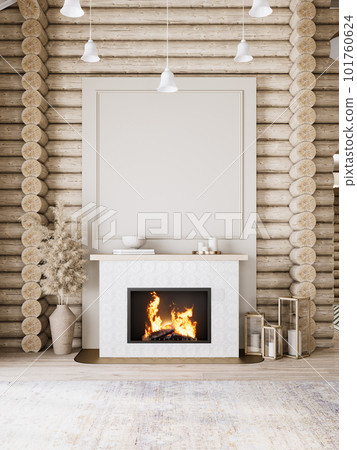Log chalet house with fireplace and decor. 3d render illustration mockup. Log chalet house with fireplace and decor. 3d render illustration mockup. 101760624