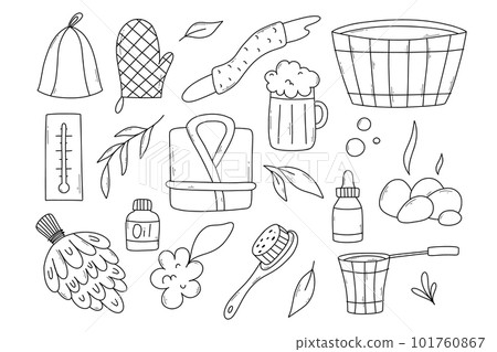 Set of bath elements in doodle style. Vector illustration. Bath collection. 101760867