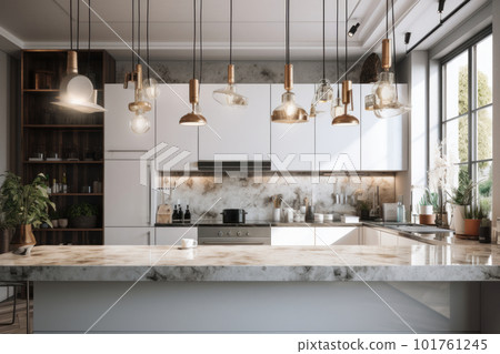 Contemporary kitchen with a minimalist design, hardwood floors, and a beautiful wooden countertop. AI Generative. Contemporary kitchen with a minimalist design, hardwood floors, and a beautiful wooden countertop. AI Generative. 101761245
