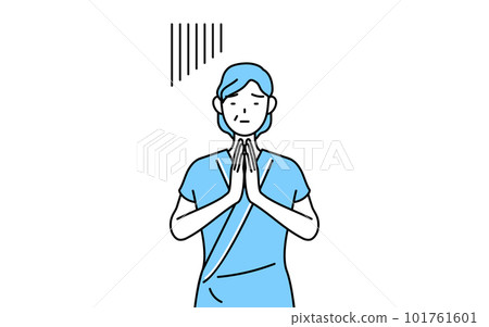 Middle-aged / senior female hospitalized patient who apologizes with hands together in front of body Middle-aged / senior female hospitalized patient who apologizes with hands together in front of body 101761601