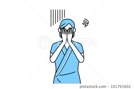 Middle-aged/senior female hospitalized patient covering her face with depression Middle-aged/senior female hospitalized patient covering her face with depression 101761602