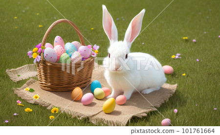 五顏六色的雞蛋和一隻為複活節畫的可愛的白兔 五顏六色的雞蛋和一隻為複活節畫的可愛的白兔 101761664