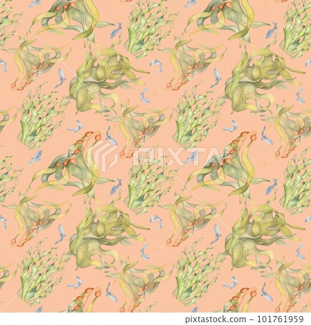 Seamless pattern of colorful sea plants watercolor illustration isolated on pink. Laminaria, kelp, herb seaweeds hand drawn. Design for background, textile, packaging, wrapping, marine collection Seamless pattern of colorful sea plants watercolor illustration isolated on pink. Laminaria, kelp, herb seaweeds hand drawn. Design for background, textile, packaging, wrapping, marine collection 101761959