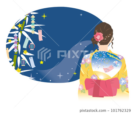 Tanabata title frame and back view of a woman in a yukata no text Tanabata title frame and back view of a woman in a yukata no text 101762329