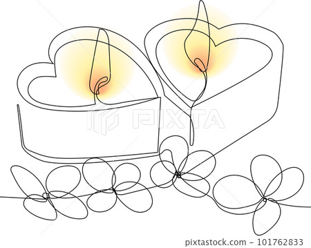 Continuous one line drawing of sromantic relaxing atmosphere, lighted candles with a sprig of flowers. Vector illustration for your minimal design. 101762833