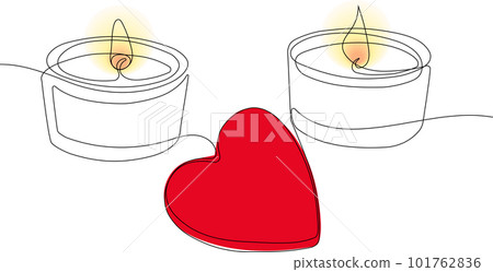Continuous one line drawing of sromantic relaxing atmosphere, lighted candles with a sprig of flowers. Vector illustration for your minimal design. 101762836