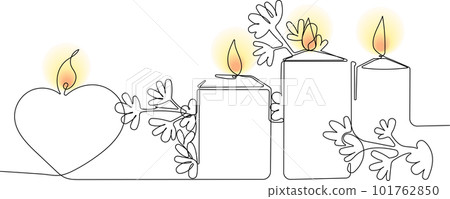 Continuous one line drawing of sromantic relaxing atmosphere, lighted candles with a sprig of flowers. Vector illustration for your minimal design. 101762850