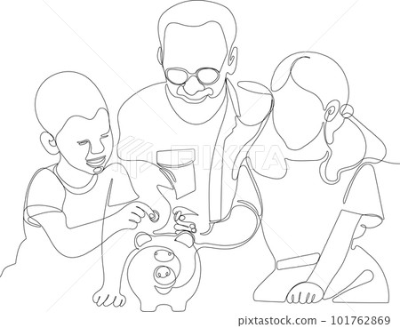 Continuous one line drawing of aged man giving piggy-bank to boy and girl while showing grandchildren how to save money at home for your minimal design. Vector illustration Continuous one line drawing of aged man giving piggy-bank to boy and girl while showing grandchildren how to save money at home for your minimal design. Vector illustration 101762869
