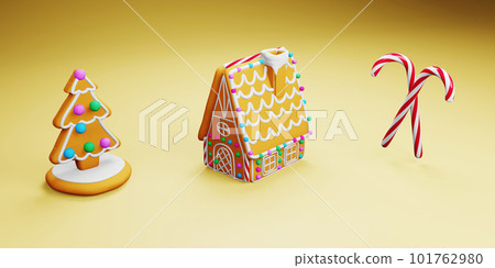 New 2022 Year is coming. Gingerbread house, christmas tree fnd candy canes on yellow background. 3d illustration New 2022 Year is coming. Gingerbread house, christmas tree fnd candy canes on yellow background. 3d illustration 101762980