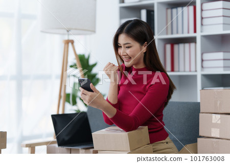 Small businesses SME owners female entrepreneurs check online orders to prepare to pack the boxes, sell to customers, sme business ideas online 101763008