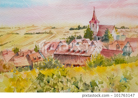 法國南部的一個小村莊,水彩畫,山水畫 法國南部的一個小村莊,水彩畫,山水畫 101763147