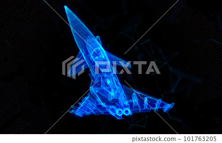 Military Jet. Blue particle and lines form 3d model Air plane. Virtual visualization aviation air force 101763205