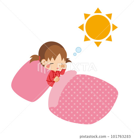 Illustration of a cute girl who wakes up in the morning and rubs her eyes sleepily White background clip art vector 101763283