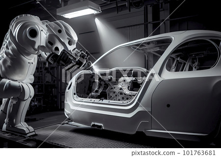 Robotic welder in automotive industry, white robot welding car body in car factory 101763681