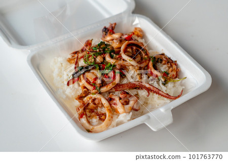 stir fried holy basil with octopus or squid and herb 101763770